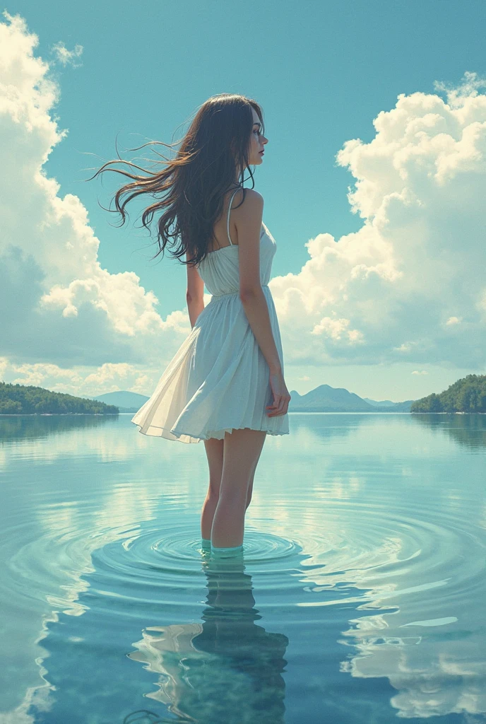 A young woman stands in a shallow lake with deep ankles, Her reflection blends with clouds in the sky. Her hair drifts in the wind, dress wet and translucent. emotional poetic illustration style, Water textures and ripples are presented with painterly accuracy. extensive use of light transparent, fantastic synthesis. 8 thousand, smooth naturalism, Ultra-fine details.