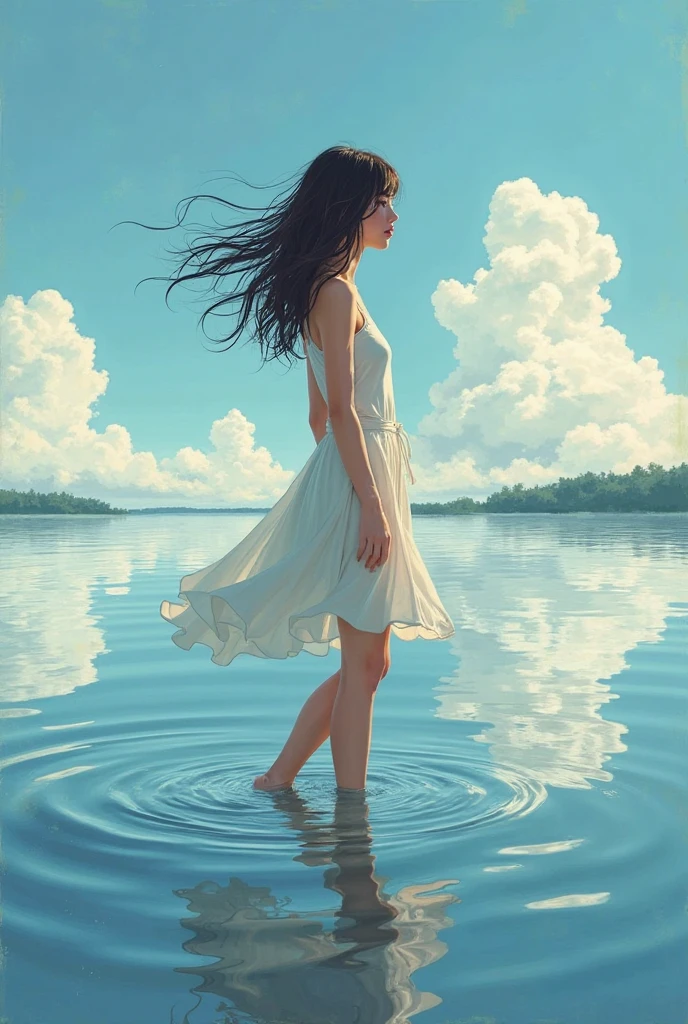 A young woman stands in a shallow lake with deep ankles, Her reflection blends with clouds in the sky. Her hair drifts in the wind, dress wet and translucent. emotional poetic illustration style, Water textures and ripples are presented with painterly accuracy. extensive use of light transparent, fantastic synthesis. 8 thousand, smooth naturalism, Ultra-fine details.
