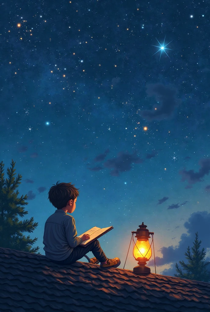 A boy sitting on the roof at night with a sketch book, drawing constellations while watching the stars. His lantern shines warmly beside him. with magical realism, The sky blends seamlessly with the roof. Digital Gouache painting medium with rich texture, The warm light contrasts sharply with the cold of the universe. 4k, Highly detailed storytelling illustration.