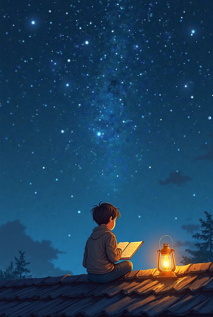 A boy sitting on the roof at night with a sketch book, drawing constellations while watching the stars. His lantern shines warmly beside him. with magical realism, The sky blends seamlessly with the roof. Digital Gouache painting medium with rich texture, The warm light contrasts sharply with the cold of the universe. 4k, Highly detailed storytelling illustration.