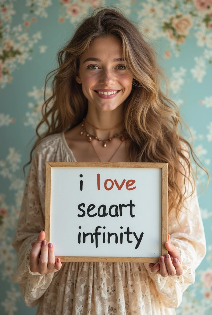 Beautiful girl with wavy long hair，Wearing a bohemian dress，Holding a whiteboard with the words &quot;I Love SeaArt Infinity&quot;，and show the audience