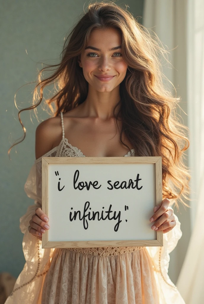 Beautiful girl with wavy long hair，Wearing a bohemian dress，Holding a whiteboard with the words &quot;I Love SeaArt Infinity&quot;，and show the audience