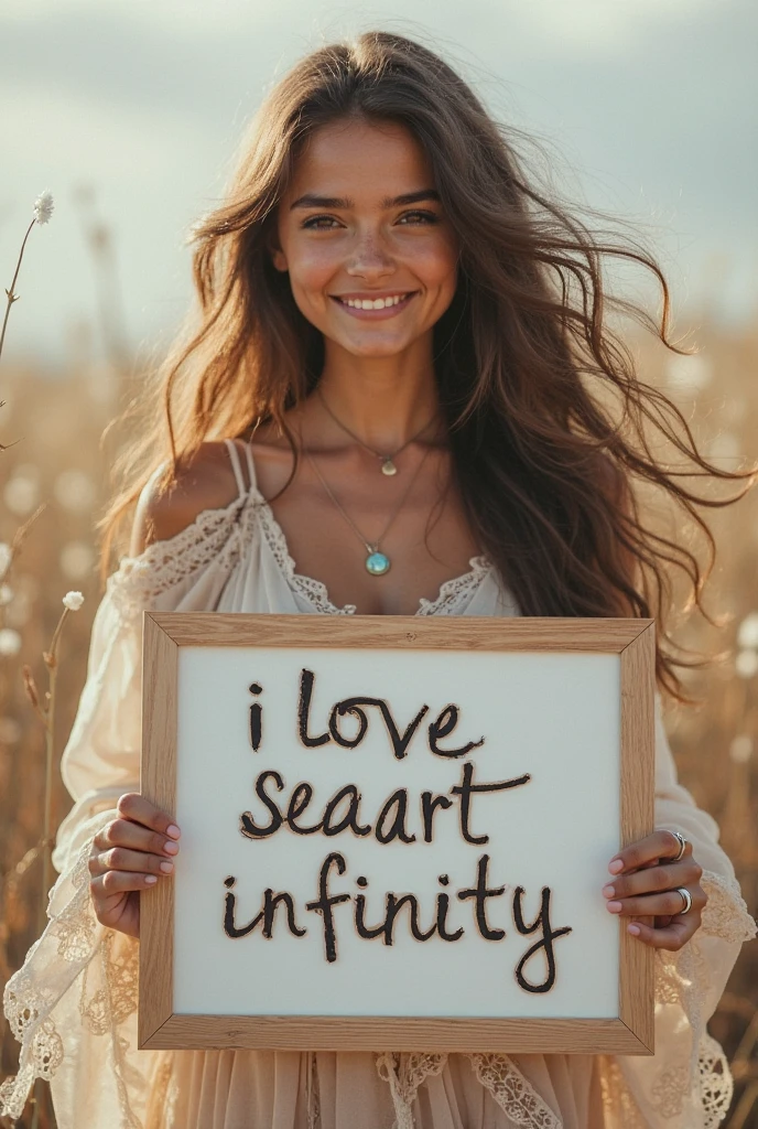 Beautiful girl with wavy long hair，Wearing a bohemian dress，Holding a whiteboard with the words &quot;I Love SeaArt Infinity&quot;，and show the audience