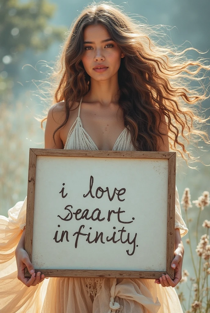 Beautiful girl with wavy long hair，Wearing a bohemian dress，Holding a whiteboard with the words &quot;I Love SeaArt Infinity&quot;，and show the audience