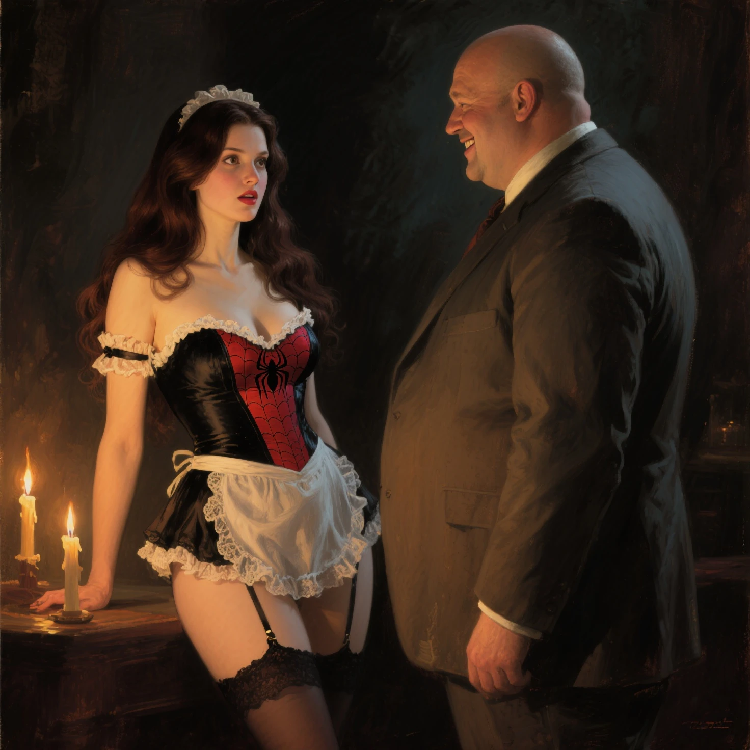 (((a woman bent over a desk waiting to be spanked by a gentleman in a suit)))