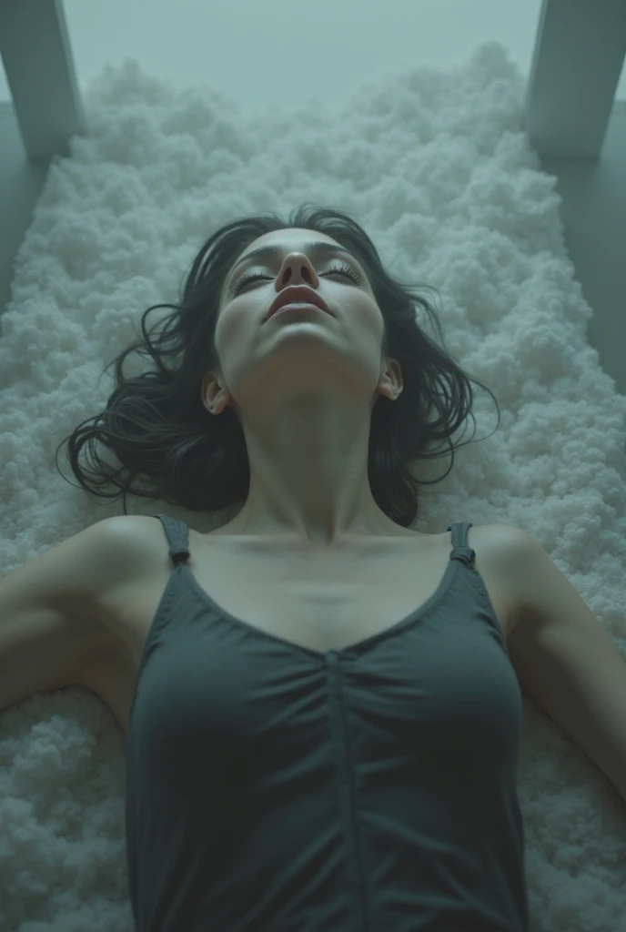 High quality image hd 16k, realistic photos, Kodak film, canon 85mm lens. American plan, bird&#39;s eye view from the sky. A woman,  Jenna Ortega, nude, big breasts, mid length hair, piercing green eyes, messy hair, wind breeze, depressed area, huge dark abandoned warehouse , with bed in the middle, lying on her back on the bed. sunset, rays of light passing through roof hole 