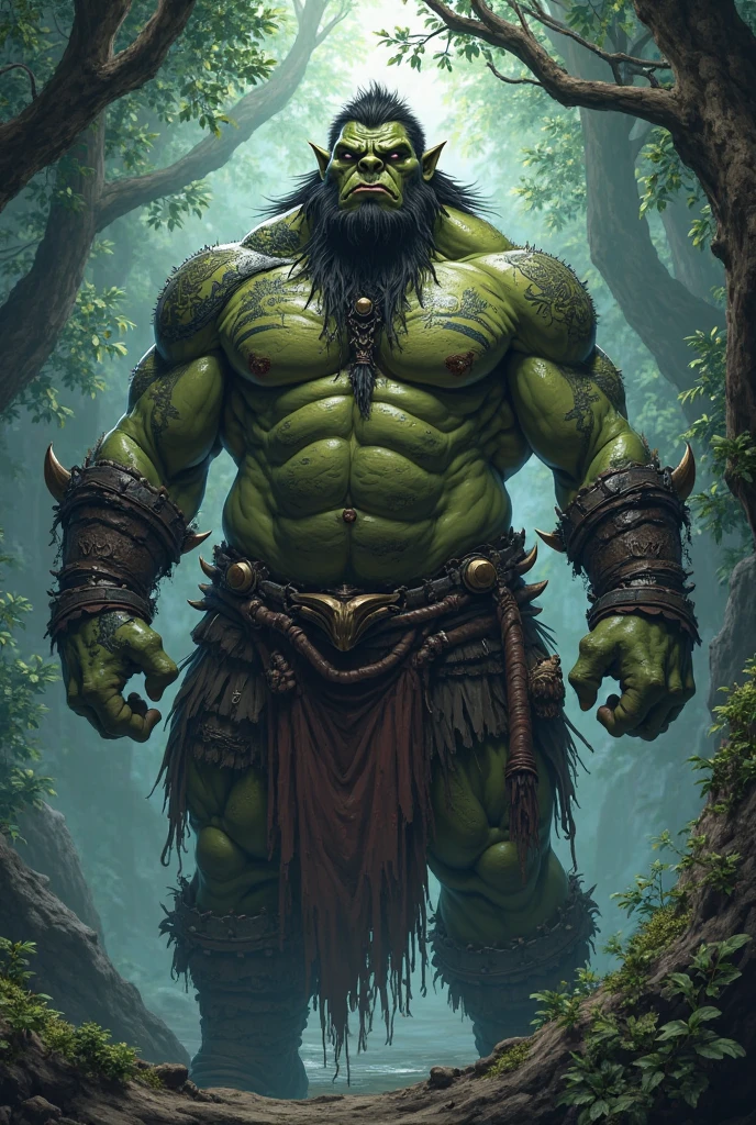 Dark eyes, ork, tusks, green skin, handsome, model looking, in water, by waterfall, tattoos, muscular, 2D, manga, hand drawn, comic realism