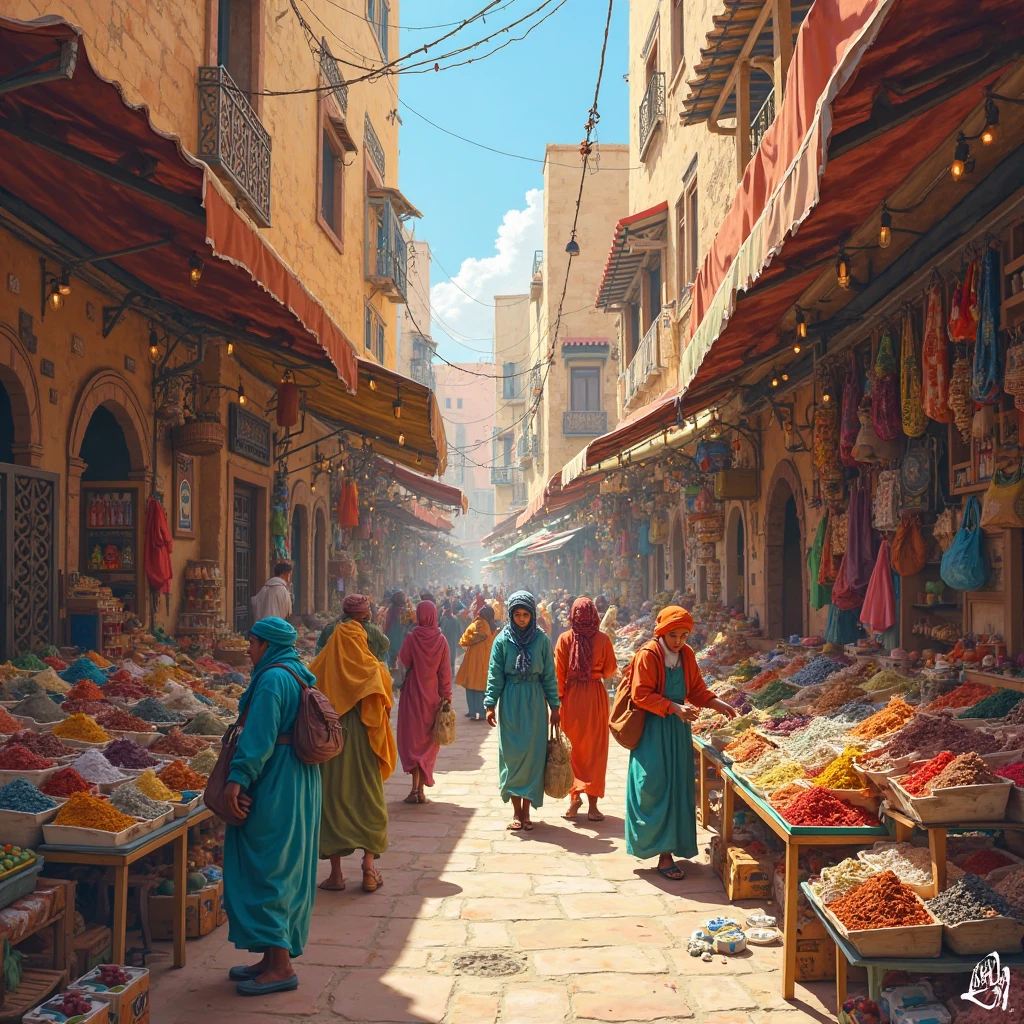 landscape, captivating cinematic watercolor painting, of persian silk merchants outside Antoquia, camels, people in a street market, at dusk, under a rose and teal sky. Silk spice and ivory merchants gather in the street offering luxury products, masterpiece, vivid colors, warm lighting, detailed architecture, intricate patterns, ornate fabrics, bustling crowd, atmospheric haze, blue hour, top view,