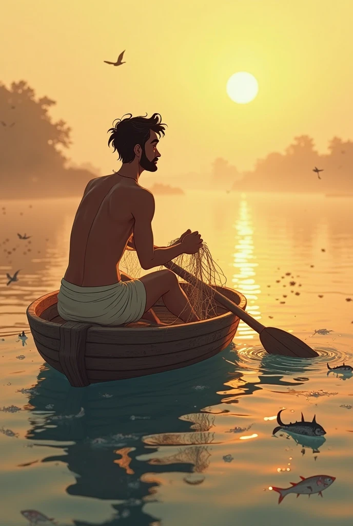 Create an image that the sky is cloudy, below is the sea with many boats, but there is a boy who is very handsome, he has a tilak on his head and a small Rudraksha rosary in his hand and he also has some body parts. You have light saffron clothes on your body and that hair is sitting in a boat catching fish from the sea.