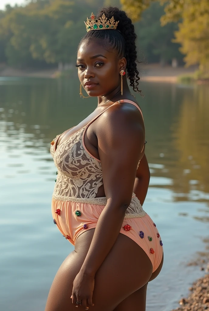 Beautiful Papua New Guinean MILF with huge E Cup saggy breasts, hair bun, shy smile, (masterpiece), best quality, expressive eyes, Melanesian woman, (plus size model), dark chocolate skin, ((Huge XXL Breasts)). (Wide hips and huge booty), short hair braids, she is walking on the beach, highly detailed photo, sunset and lighthouse backdrop, waves breaking on the shores, birds flying in the distant sky, very colourful sunset sky, (Plus Size Black Melanesian woman), very short braids, shy smile, NSFW, beautiful legs, in front of a waterfall, flower garden and butterflies. high defintion photo, highly detailed photo.
