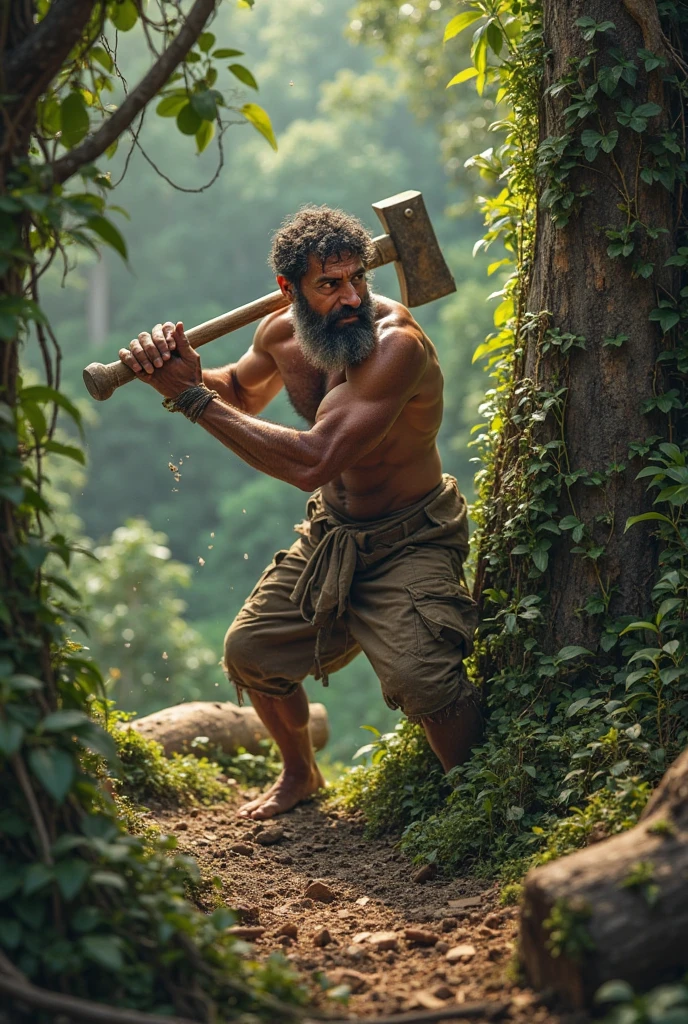 An Indian young man aged about 30 is cutting trees one by one