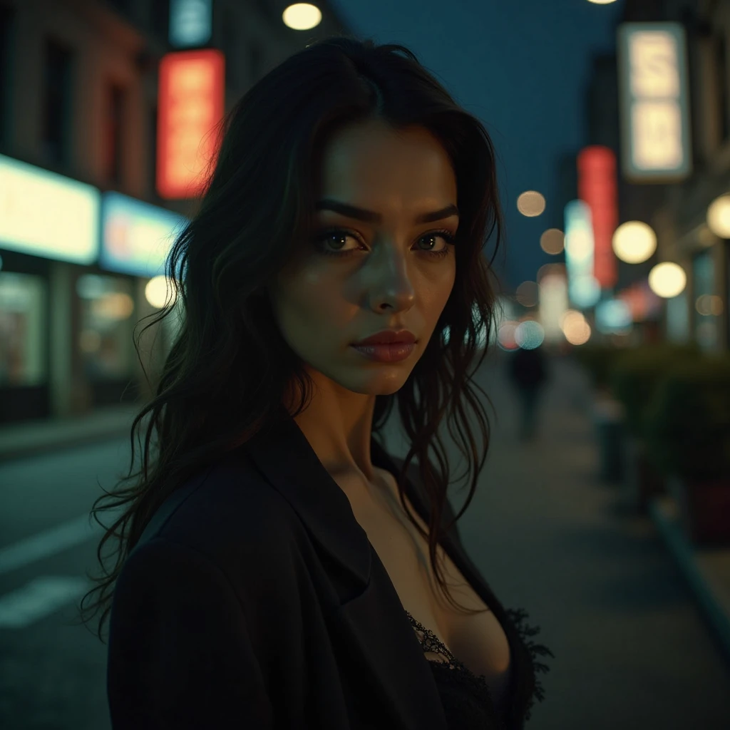 Young attractive sexy girl In the city chair at night with baby face