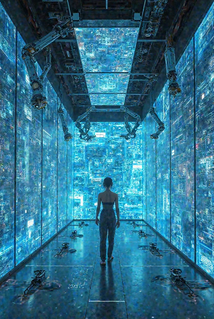 Aerial view. Estilo: arte conceitual. A cena: Futuristic cityscapes with all-glass towering skyscrapers, 1drone. High-resolution OLED GUI interfaces in the building, The open-air all-glass string sky bridge is filled with transparent data visualization infographics that show it all, from weather patterns to traffic flow, (((Matrix cascading code))). Colors are saturated and vibrant, com rosas e roxos quentes dominando o horizonte, vortex back light. Matrix style, at night, extreamly dark sky, (1girl, solo), photo realistic, (large-breast:1.2 slim body, cleavage), (((sling top, extreamly short pleated miniskirt exposing panty))), (((matrix style black sunglasses))), (((((slightly leaning forward, aiming at camera with a (short gun), looking at camera))))), (very low view), (((half-body (thigh level) medium shot))), (cinematic lighting).