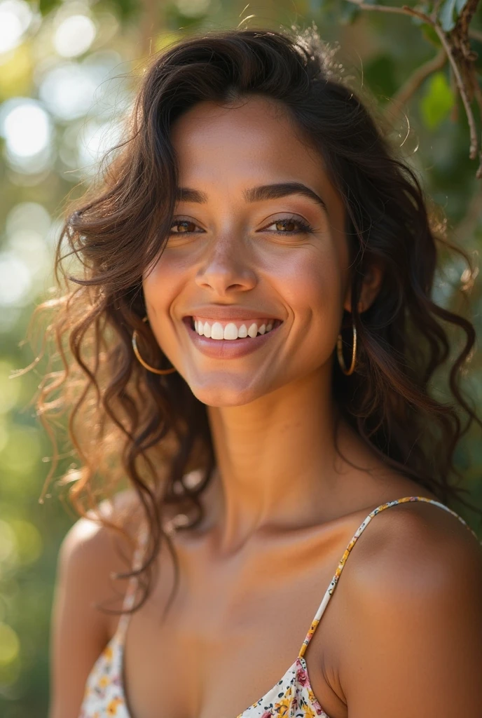 A Brazilian woman in a lush tropical garden, wearing an open shirt with a floral print, with a close-up capturing the harmonious beauty between her breasts and the natural flowers, showing off your natural charm and outgoing personality.