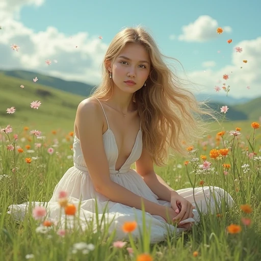 A cute woman (flowers in hair, airy sheer summer dress no underwear, barefoot) is lounging in a field of flowers, moonlit night, playful seduction
