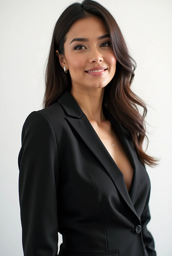 1 adult woman, longye hair, curly hair, black hair color, smooth skin, eyes browns, sorrido, vegetation, Occasional, Businesswoman style clothes, red blazer, realisitic, with background in a fancy restaurant, 8k super realisitic, super detalhado e realisitic