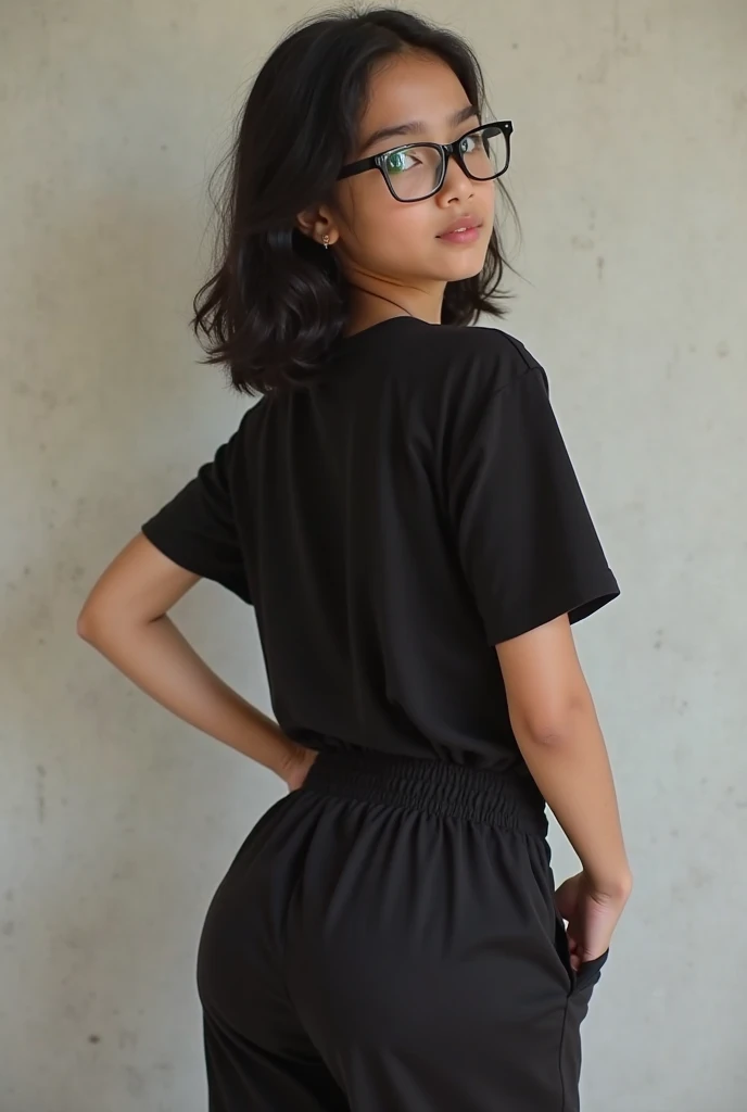body photo, beautiful detailed, cute face, short, Guanajuato teen, slightly chubby, short black hair, black hair over one eye, long sleeve plain T-shirt, long pants, pearshaped wide hips with thick thighs, solo,
