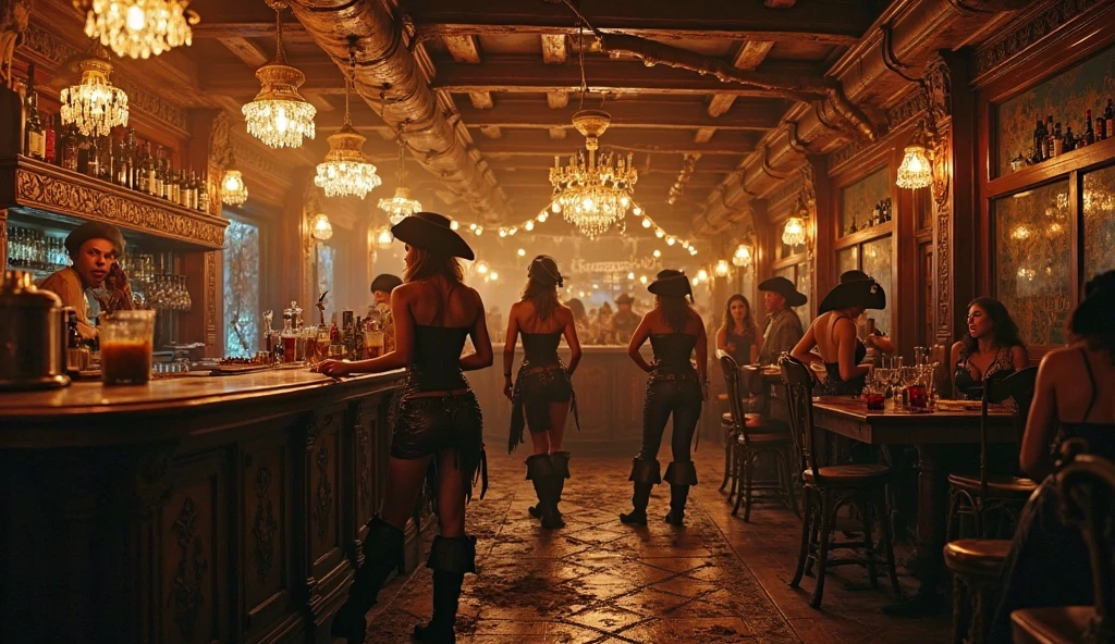 (a lusty pirate),(best quality),(realistic),(pirate bar),scantily clad trollops,singing and dancing,drunken revelry,ruffians laughing,rum bottles clinking,music playing,misty haze,wooden plank floor,dimly lit,pirate flags waving,strong sea breeze,moonlit night,worn-out furniture,smoky atmosphere,tavern noises echo,adventurous atmosphere