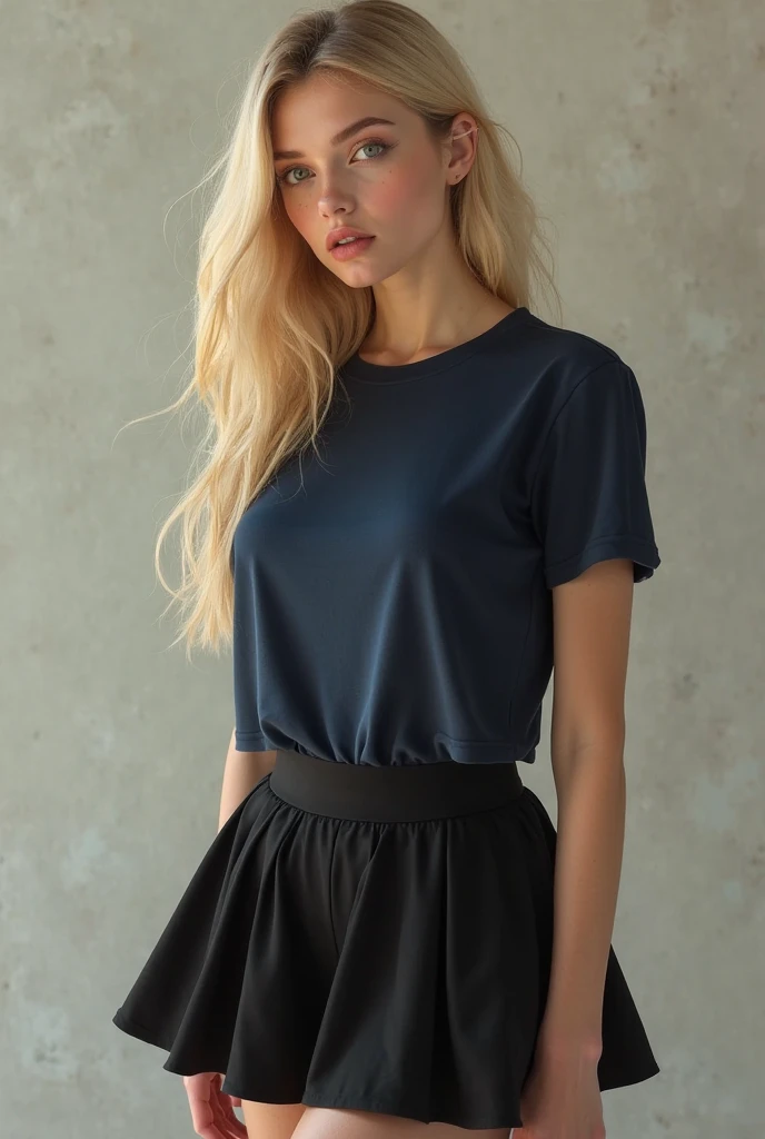 20-year-old Wif type model, yeux bruns, full lips, visage mince, cheveux blond , Seductive, , American-style wide-leg t-shirt, short colant noir de sport, dans une chambre, tiktokeuse
