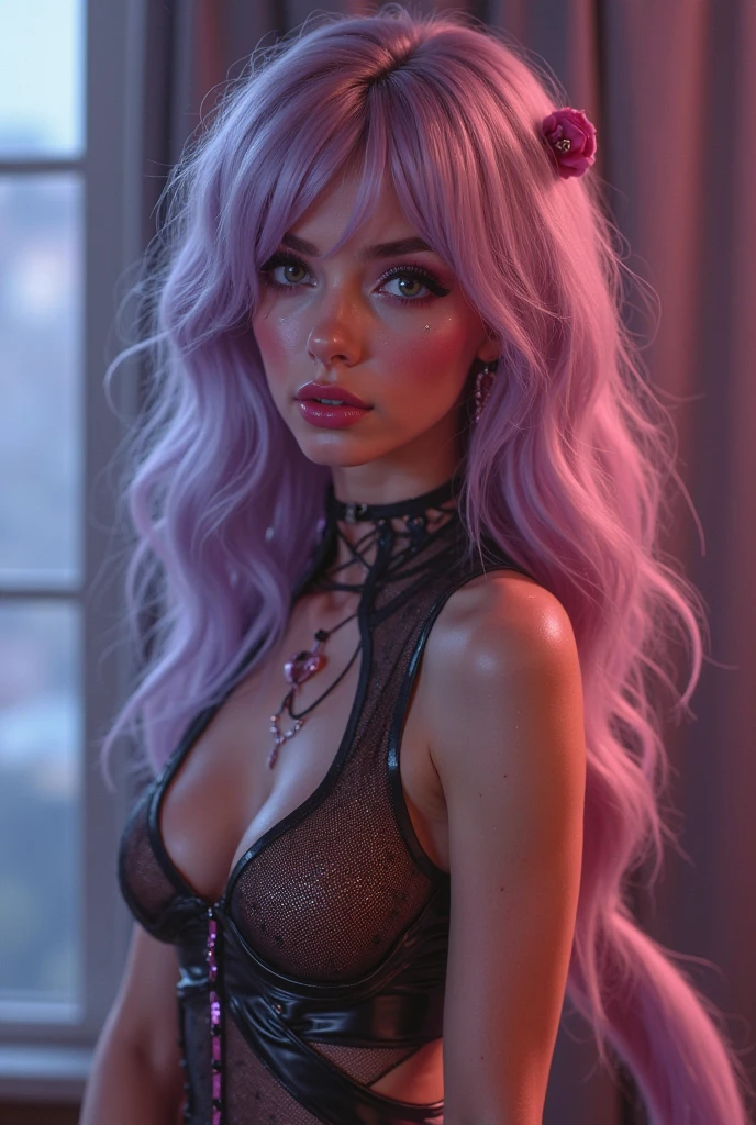(Unreal Engine, masterpiece, intrincate:1.3), (best quality, hires textures, high detail:1.2), (4k), (incredibly detailed:1.4), perfect anatomy, graceful face, slim, big breasts, constricted waist, nice body, full lips, arrogant look, villain, 1woman, evils smile, high pointed nose, (nostrils:1.3), neatly, angry, 25 y/o bright blue eyes, long straight pink hair, pillows, drinking wine, at night, fire particles, angle, black ultra-thin stockings.