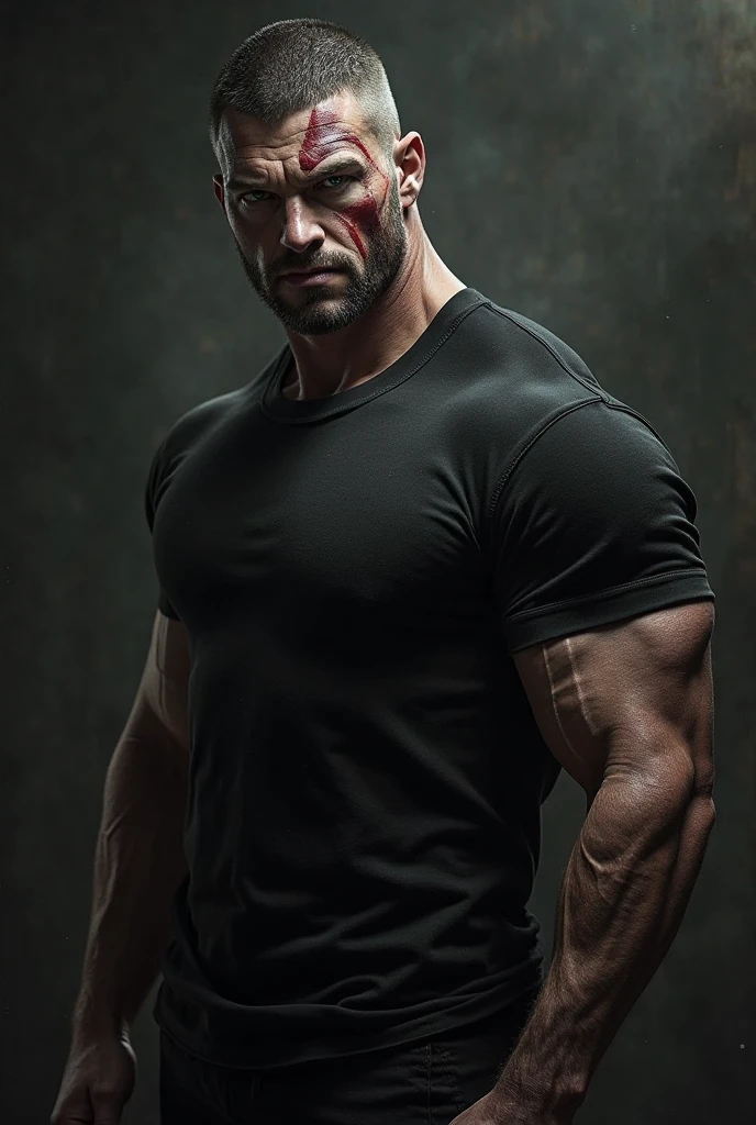  In the image, a muscular man with black hair is seen wearing a black shirt. His face is bloodied and he appears to be in a state of shock.