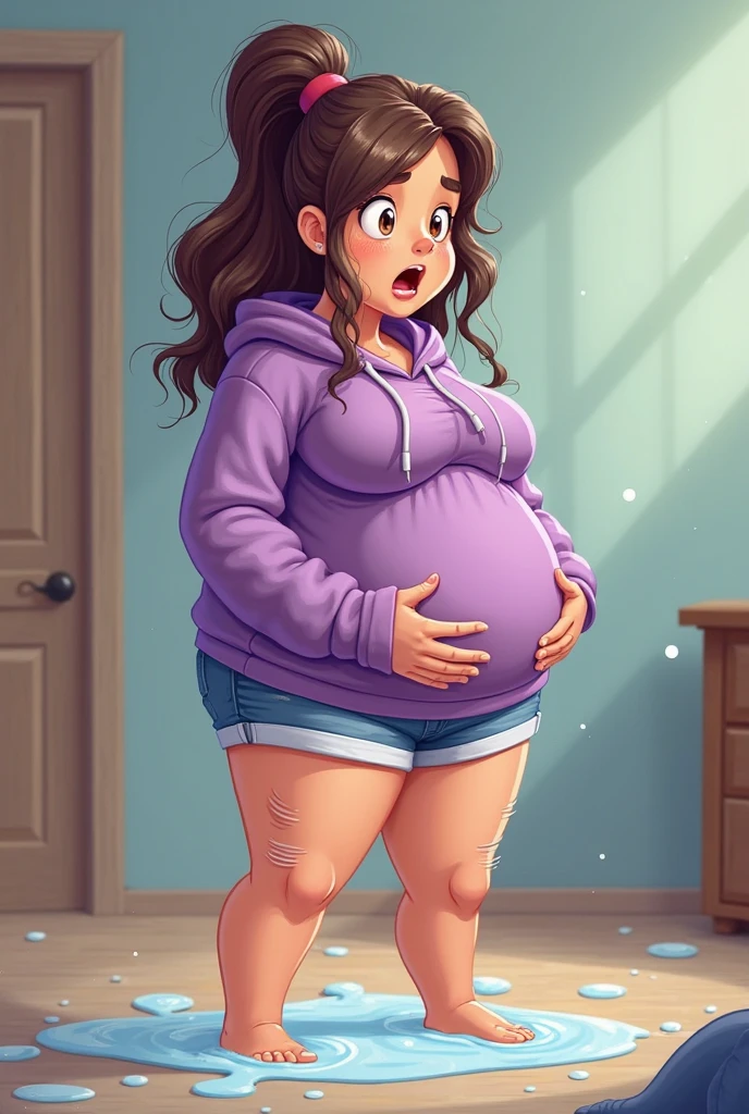 Create a fat belly girl, her belly is bloated and gassy, she burps for releasing the pressure in her belly