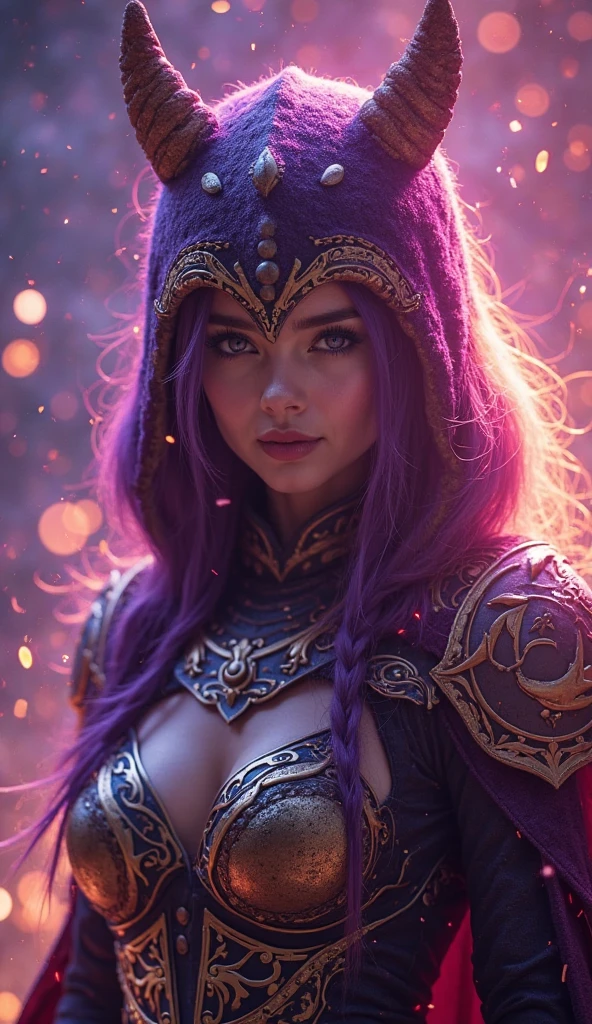 Beautiful Caucasian woman. Just a woman. Alone. One character. Queen. Medieval western woman. Long hair with 1 braid. Purple hair. Bright purple eyes. Warrior woman. Beautiful woman. Fit body. Round breasts. Breasts on display. She is wearing shiny gold armor with several purple details. On her head the woman has a delicate gold crown with purple jewels. The woman has a cheerful expression. Looking straight ahead. Full length portrait. She is standing in a large field during a sunny day. Dynamic light. Dynamic shadows.