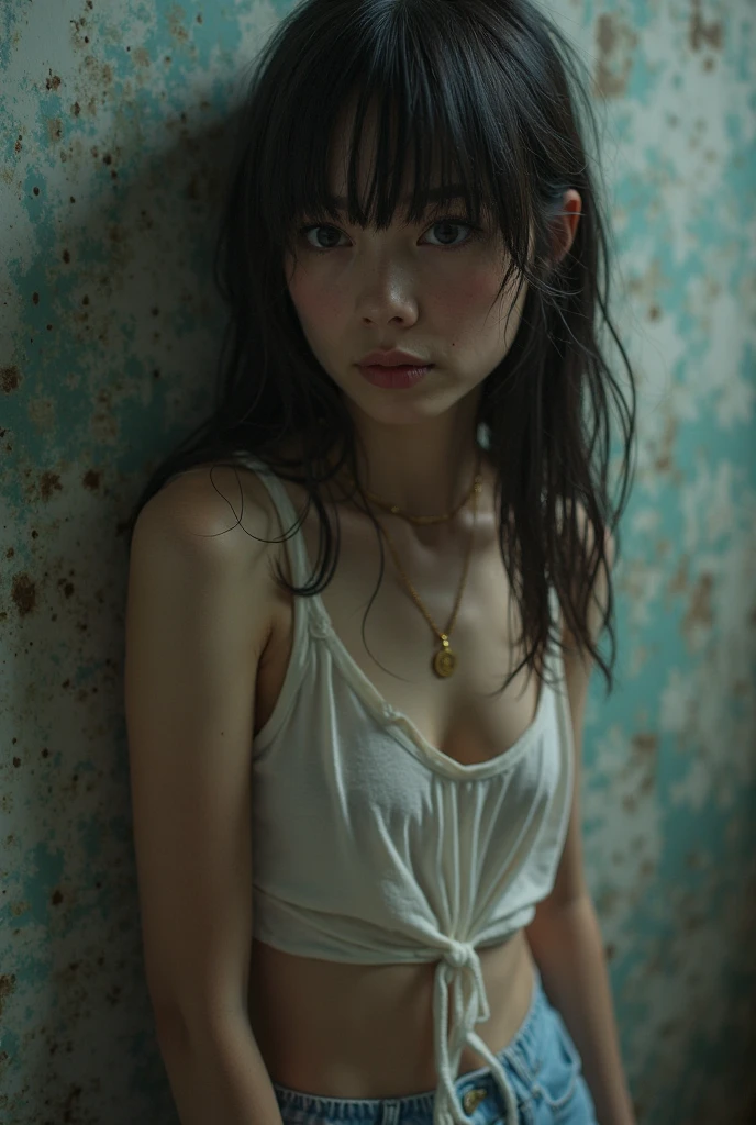 ((Woman in sexy, worn-out torn cotton tank top in cluttered barn)), ((Detailed and realistic face and eyes)), Cinematic lighting, 8K resolution, (Model shooting style), Sunset, (from_below:1.4), Soft little cover by (ripped cotton tank top) Natural breasts
