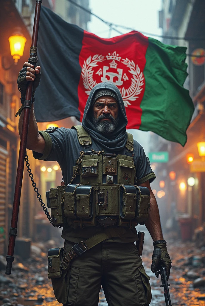 Guerrilheiro do hamas, homem uns 45 anos, Palestina, with hand-held rifle, Face of hatred, imagem realista, cinematograph, 8k
