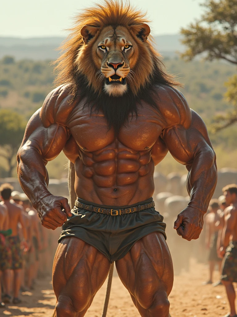 anthro (lion), feline, adult, solo, very muscular, thick neck, ((sturdy shorts)), flexing, ((posing)), epic, ((biceps flexing)), topless, tail, (brown fur, black mane, detailed fur:1.3), (ragged fur:1.1), bodybuilder, fighter, contest, scene, veiny muscles, detailed background, venue background, photorealistic, hyperrealistic, ultradetailed, (masterpiece:1.2), bulge, correct fists, uncensored, (((by Meesh))), genital outline, dark snout, green eyes