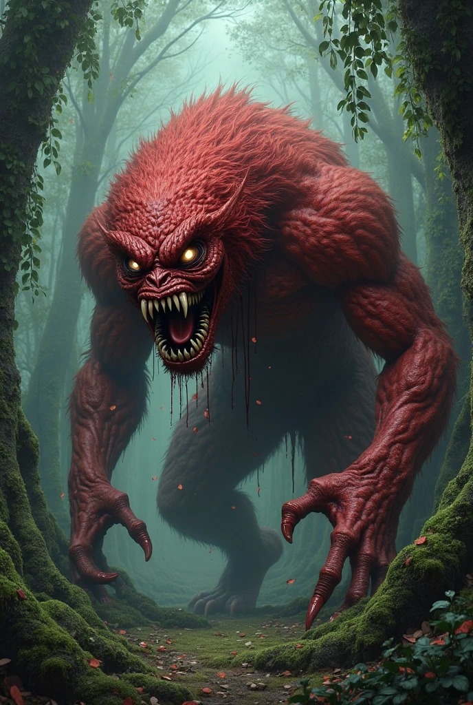 masterpiece illustration, detailed, hires, octane rendering, DonMV1r4l ignis fatuus, Small squat hairy amphibian creature from Australian Aboriginal mythology, red-skinned with a very large head and wide mouth, draining blood, suckers on its fingers and toes, depicted with suckers on its fingers and toes, used to drain blood from its victims, comical eerie demeanor, fig tree, nocturnal creature, lurking in the shadows, danger of the wilderness, interactive,sanctified,sunbaked,digital sensors,fierce,unique <lora:DonMV1r4l-000006:0.7>