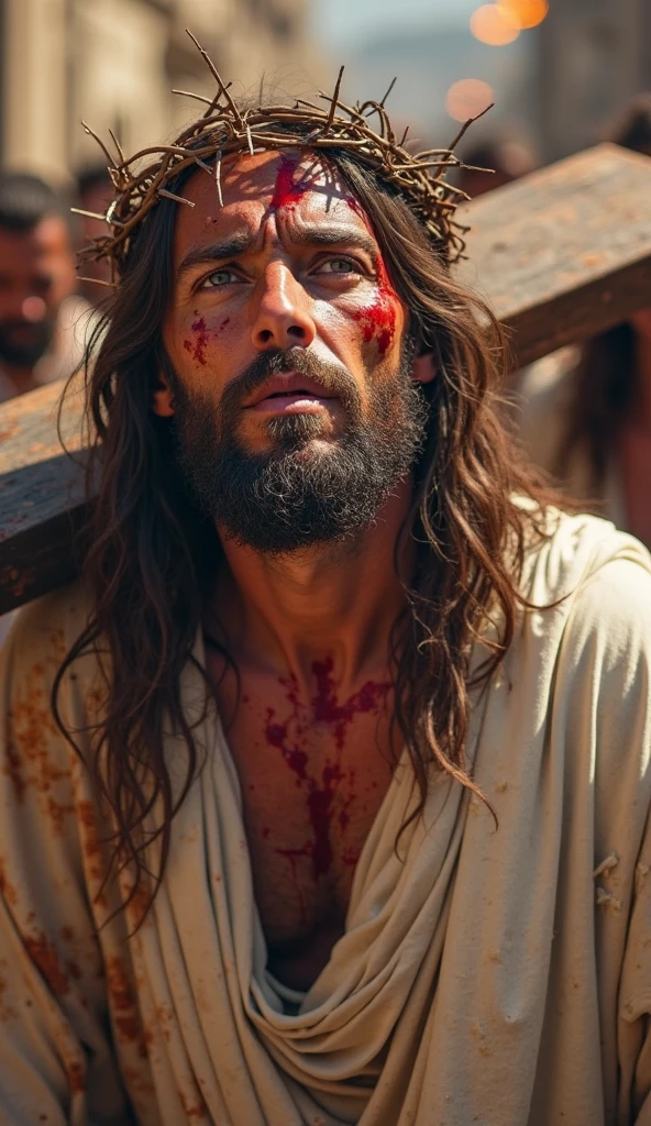 "An intense and emotional scene of Jesus carrying the cross towards Calvary. He is walking with the heavy wooden cross on his shoulders, his body bent under the weight. Jesus wears a simple robe, stained with sweat and blood, and the crown of thorns is on his head, with drops of blood running down his forehead. His face shows an expression of pain, but also of determination and sacrifice. Along the way, crowds of people watch, some with expressions of sadness and compassion. others with indifference or hostility. The sky above is dark and cloudy, creating an atmosphere of tension and impending tragedy."
