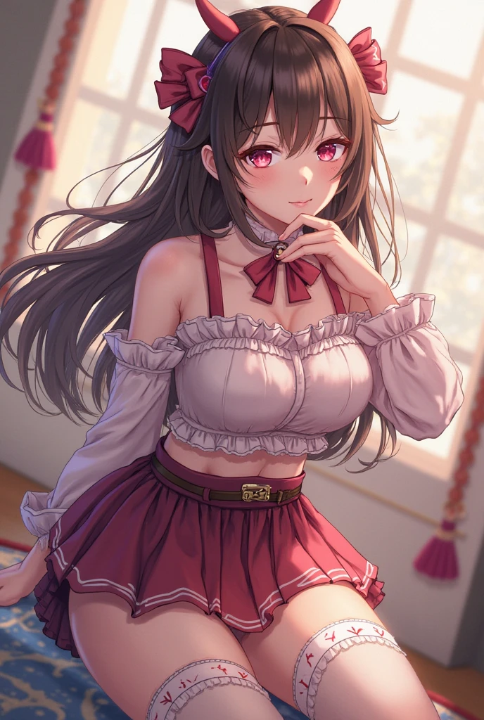 ((masutepiece, Best Quality, hight resolution, nffsw, Perfect Pixel, 4K, nffsw, nffsw))), 1girl in, Single, Solo, Beautie、full body seen、 ((Middle Wave Hair, Bangs, Brown hair)), ((Brown-eyed, Beautiful eyelashes, Realistic eyes)), ((Detailed face, Blushing:1.2)), ((Smooth texture:0.75, Realistic texture:0.65, Photorealistic:1.1, Anime CG style)), medium breasts, Dynamic Angle, Perfect body, (Santa Claus Costume、Red knitted hat、red and white off shoulder sweater、red and white flared skirt、Black garter stockings,、Christmas Party、(no-bra、See-through nipples)、、、Emphasis on the chest、stick out buttocks、Very embarrassing panic smile、、