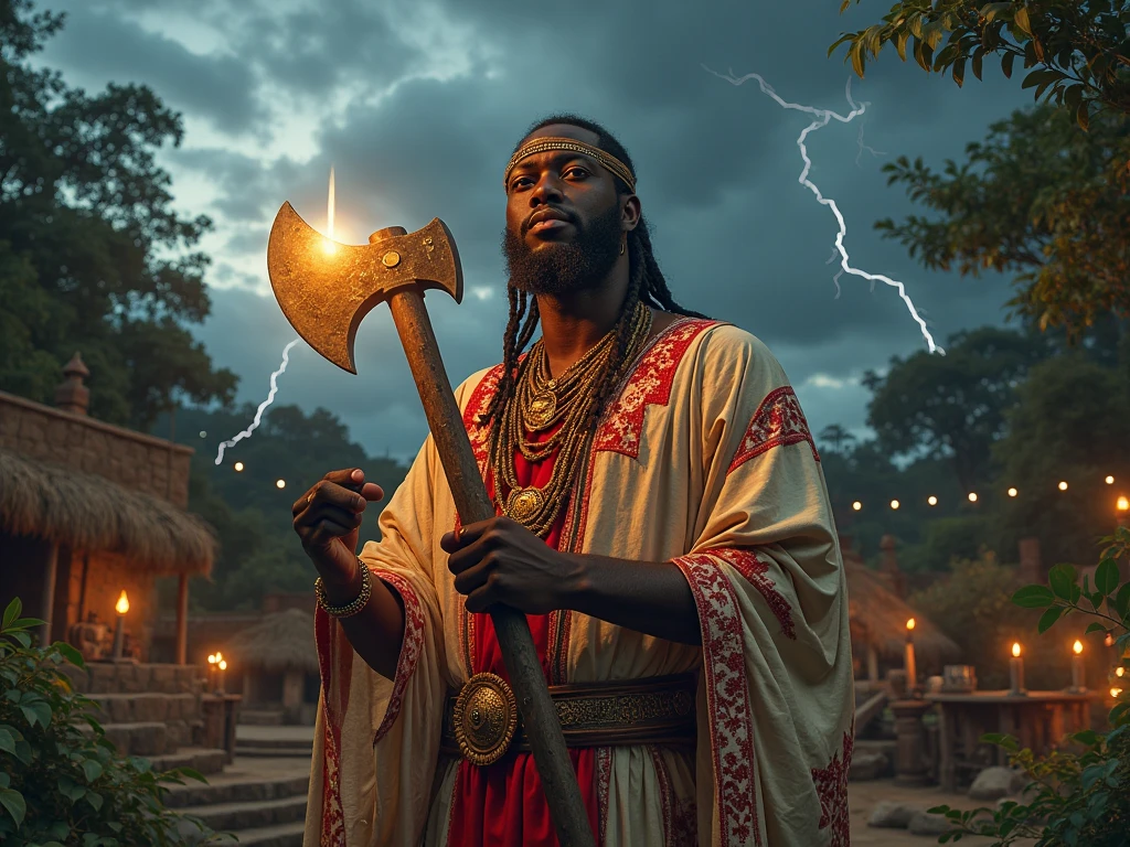 "A powerful and majestic depiction of Xangô, the Yoruba orixá of thunder, lightning, fire, and justice. He is shown as a strong, regal African man, wearing traditional Yoruba attire including a crown and vibrant red and white robes. Xangô is holding a double-headed axe (oxé) symbolizing his power. The background features a stormy sky with lightning bolts, representing his control over thunder and lightning. The scene is dynamic and filled with energy, highlighting his fierce and just nature."