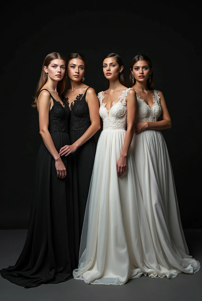 Masterpiece,
Beautiful bride in white dress seduced by alluring lesbian vampires, evil, gothic black lace dress, flattering, cleavage, Long Hair, kiss, kissing, bride turning into vampire, evil aura, dark, evil, sexy, (full body)