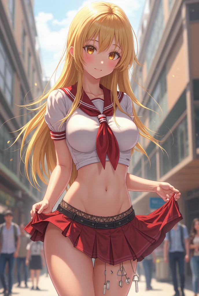 aikatsu,Blonde_HAIR,hoshimiya ichigo,hight resolution, absurdres, best_Quality, Ultra_Detailled, 8K, extremely_clear, photo, beautiful, Beautiful face, Scharp Focus, HDR, 1girl, Clean eyes, very wide-eyed,cyberpunk megacity background , hanabi, Beautiful face, very red areola, standing , very seductive pose, very young, teen, no bra, bare chest, No Top, NSFW, Blond long hair with red ends, pierced ears, marin kitagawa, clothes lift, skirt lift,