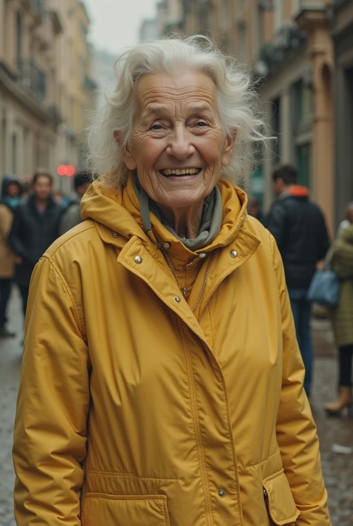 cinematic photo elderly happy smiling hippie woman in rain, (wet very long messy hair:1.3), sweat stains, paris street, simple background . 35mm photograph, film, bokeh, professional, 4k, highly detailed,