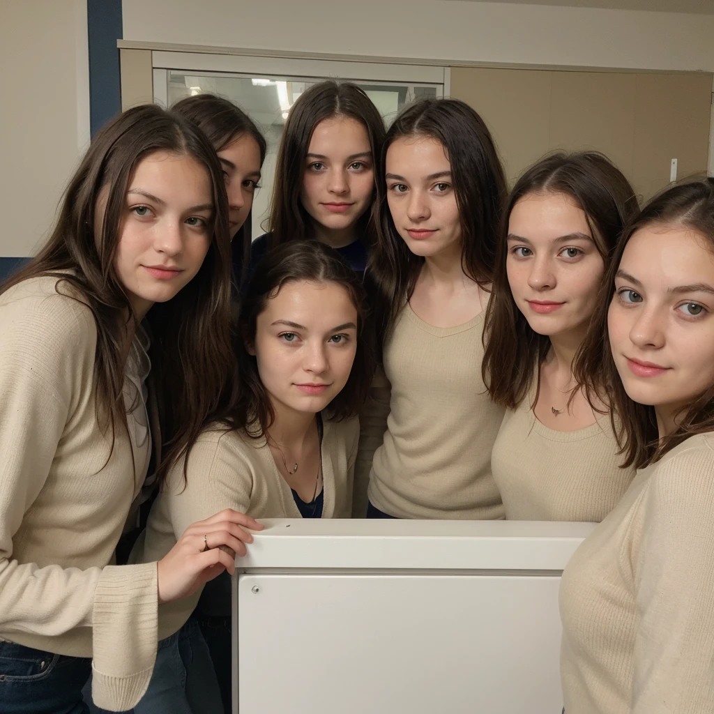 stunning identical sextuplets standing close together, in a room, 25 years old, full body, identical bodies, pale skin, athletic body, identical height, wearing blue skirt suits, same faces, same hairstyle, long wavy hair, same colour hair, light brown hair, five fingers on each hand, smiling, color, realistic, sharp focus on eyes, sharp focus on nose, 8 k, high definition, insanely detailed, elegant, ultra realistic, photorealism,