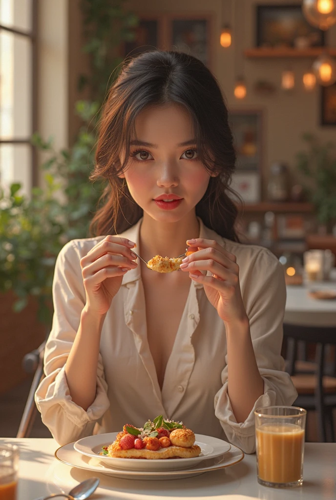 8K images, Shot with a high quality Fuji 45 camera.,000,000 pixels raw photo, best quality, Masterpiece:1.2), (realistic, photo-realistic:1.37), very detailed,1 woman,cute, Action in various poses, alone,Beautifully detailed sky,nighttime, in the restaurant,) ,big breasts, seductive smile, wide aperture, professional lighting, Sony A7R4, 50mm sessile lens. 2 medium sized breasts,Beautifully detailed eyes,(dark pink t-shirt,) Long hair floats up:1.2) realistic light colors,)