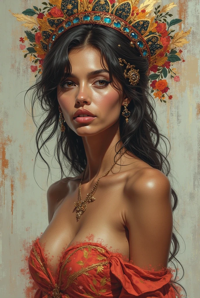 Style by Style Style Crypt Award winner, Spectacular oil painting of a beautiful medieval latina peasant woman, 35yo, (seductive expression:1.2), erotic espression, an ominous, evil, (Backlight:1.3), Digital Painting, concept art, Smooth, Sharp focus, Three-part method, Dark fantasy,Intricate details, art:Alexis Briclot, Medium Shot, (Shallow depth of field:1.3), grin seductively, She is erotic, sexy, seductive, moistskin, hyper detailed skin texture, nudity