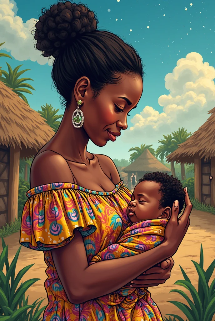 Postcard on an International Mother's Day, beautiful colours, nice picture of a Mother and her ???, flowers in background.she wearing a beautiful white dress with a strip of Ethiopian flag.her skin is less darker, she and her child having black woolen necklace and a cross on it