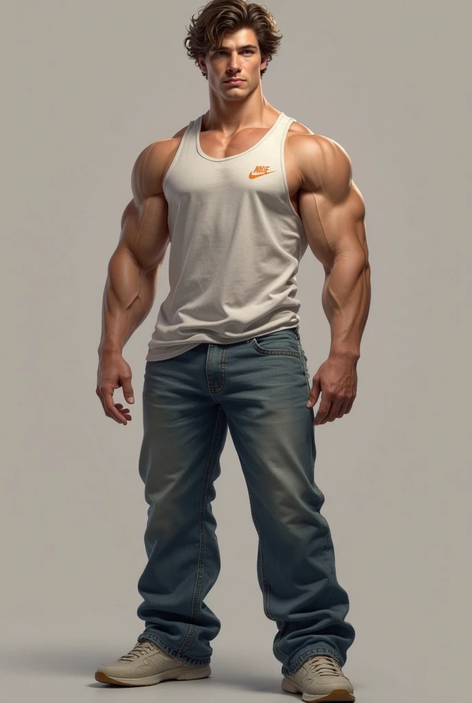 Create an image of a man from a 1, 98 thin but muscular, Caucasian, light blue eyes, semi short blonde hair, shirtless, with red pants, red sneakers and a red cowboy hat