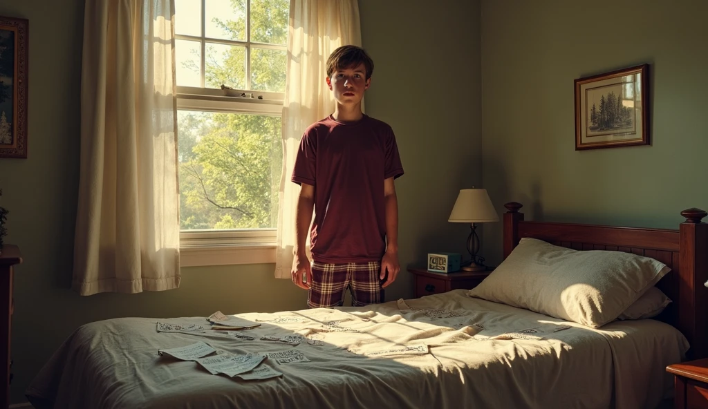 guttonerdvision5, a highly detailed, cinematic, and realistic scene featuring a 3--old  wearing glasses. The scene takes place in his bedroom, where he is lying in bed, covered with a sheet. The room is dimly lit, with an illuminated bedside lamp casting a warm glow. The rest of the room remains dark, except for the soft moonlight streaming in through the window.

The boy is depicted peacefully resting, with his glasses gently placed on the nightstand next to him. The details of his face, including his innocent expression and the subtle reflections on his glasses, are captured with precision. The room itself is meticulously designed, with carefully rendered textures and materials to enhance the realism.

Outside the window, a serene and starry night sky can be seen, with the moon casting its gentle light into the room. The play of light and shadows creates an atmospheric ambiance, giving the scene a sense of tranquility and calmness.

The composition and lighting are carefully arranged to evoke a sense of depth and dimension, as if the scene were captured by a professional photographer. The use of cinematic techniques, such as a shallow depth of field and strategic positioning of light sources, adds a touch of visual storytelling to the image.

Overall, this scene portrays a quiet and intimate moment of a young child pully asleep in his room, with attention to detail, realism, and a cinematic quality that brings the viewer into the scene as if they were experiencing it firsthand.
