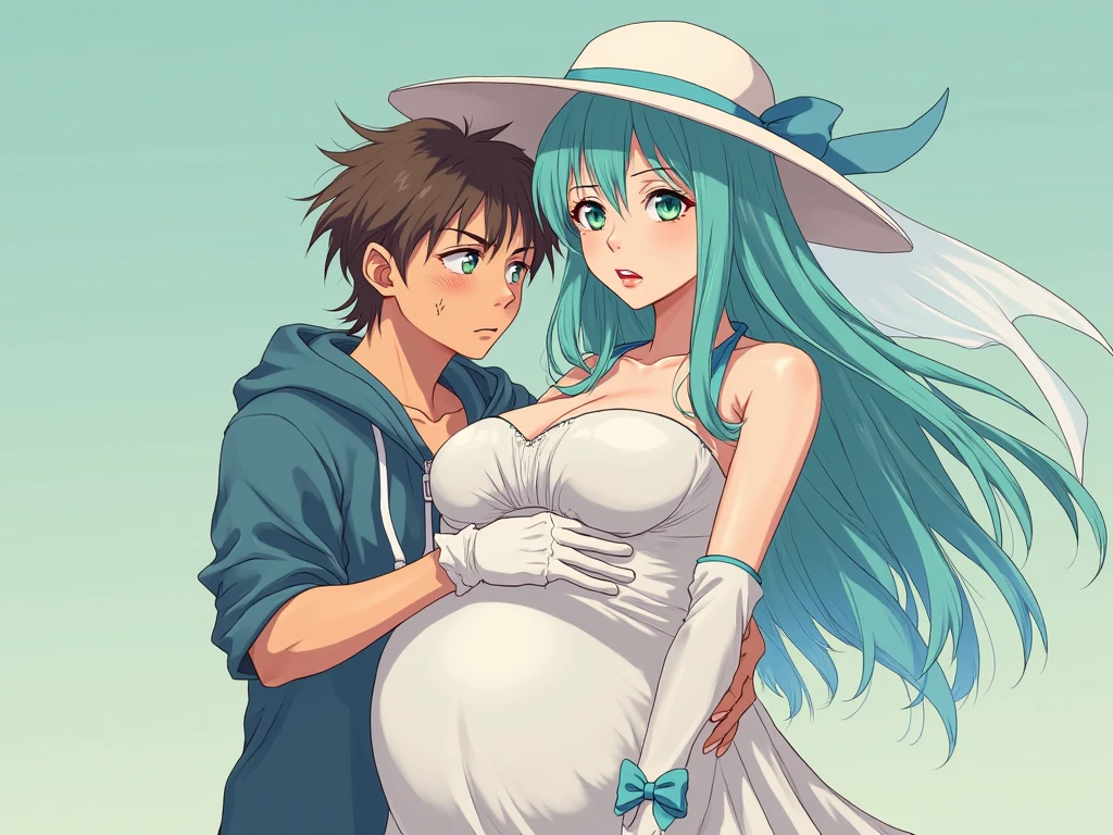 zero two, 1girl, zero two naked_shirt,vest_print:, izuku from bnha, izuku and zero two being a lovey dovey couple very affective in a beach, izuku with pants and pullover, love , happy, ,1girl, hug, zero two (pregnant),sitting, standing