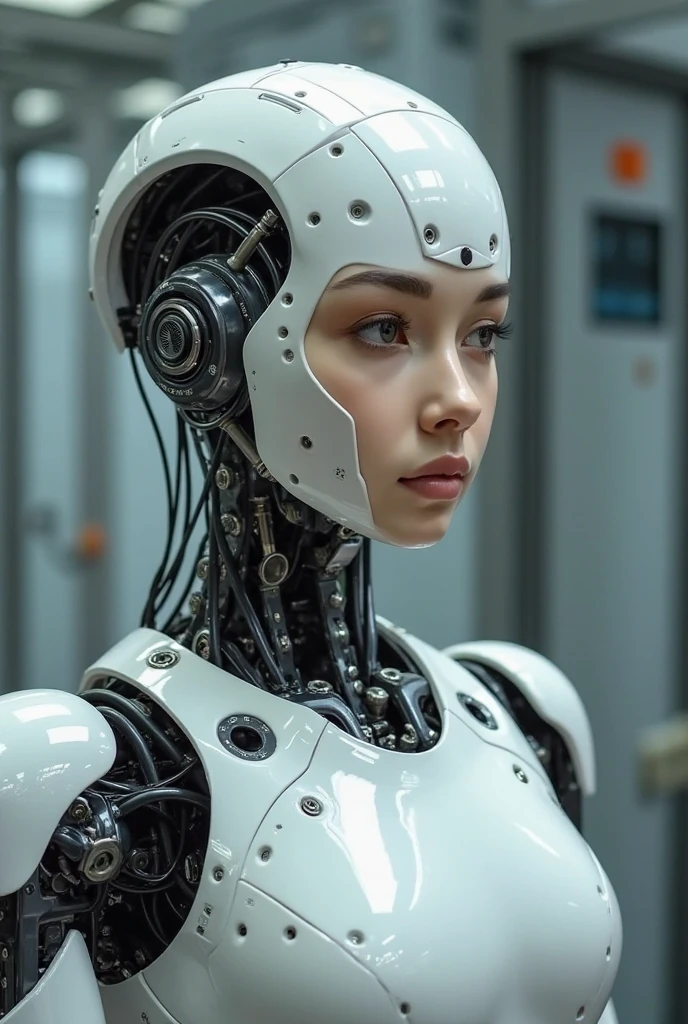 A lovely female robot, obviously mechanical, lifelike face, a few panels are open for maintenance, standing in a machine shop on a space ship