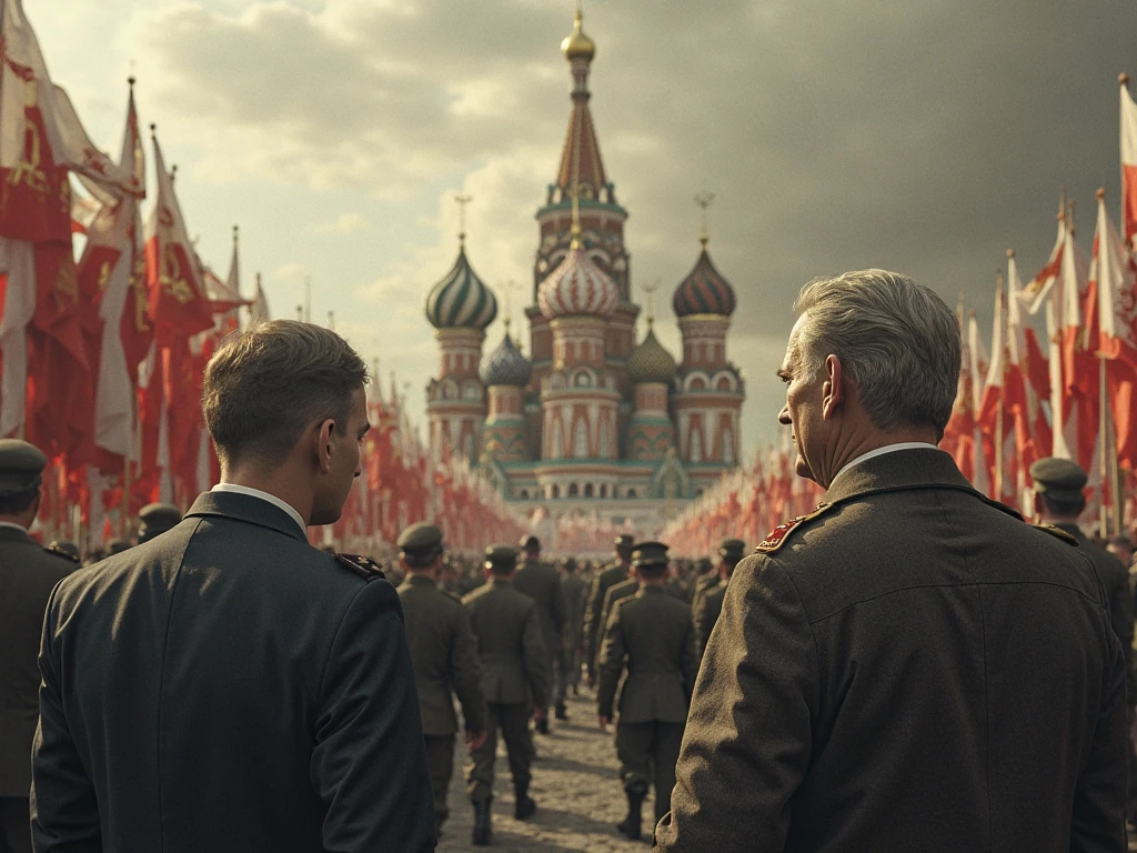 Thirty years after World War II, an Old Soviet General clad in a military overcoat, his face etched with the weight of history, and a German Veteran, wearing a neatly-pressed suit, stand side by side in front of the Polish World War II Memorial, symbolizing a reconciliation of the past. The Memorial, illuminated by the soft glow of modern streetlights, stands as a poignant reminder of the war's devastation. As they embrace, the fireworks in the distance burst into a symphony of light and sound, marking the culmination of a momentous occasion - a testament to the power of healing and the enduring spirit of humanity. The scene, captured