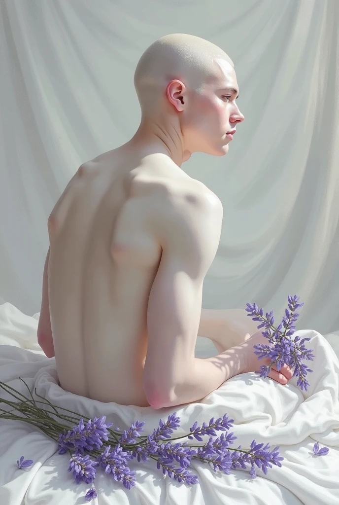 create an image from a Renaissance painting of a sunny spring where a delicate thin Asian boy wearing a bunny ear hood and only white fur shorts is lying on the ground face down with his legs up in a field full of roses