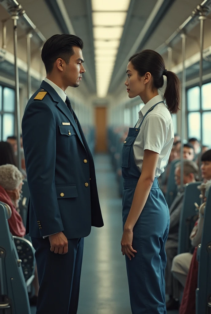 (masterpiece), (realistic), (ultra hd 8k), (realistic body proportions) old man pushing his chest against ery hot young girl, school uniform) back inside a very crowded train