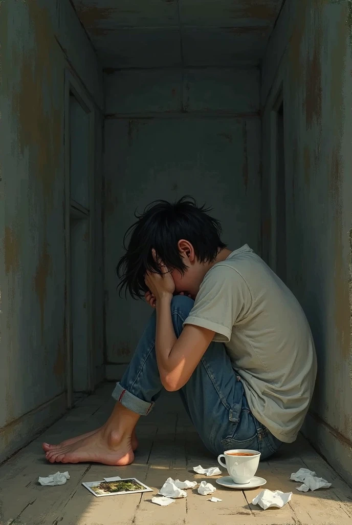 PERSON SITTING WITH FORWARD HUG HIS RIGHT ARM OVER HIS LEG