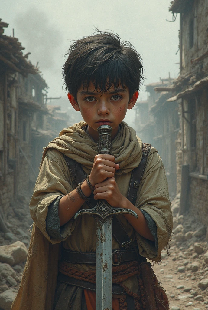A boy holding a shadowy sword in a destroyed place 
